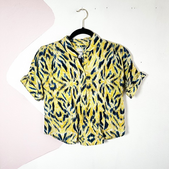 NIC+ZOE Tops - NIC+ZOE Linen Top Womens XS Yellow Blue Ikat Abstract Print Button Front Beach